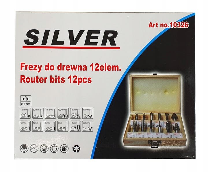 ZESTAW 12 FREZÓW KSZTAŁTOWYCH DO DREWNA FREZY 8mm
