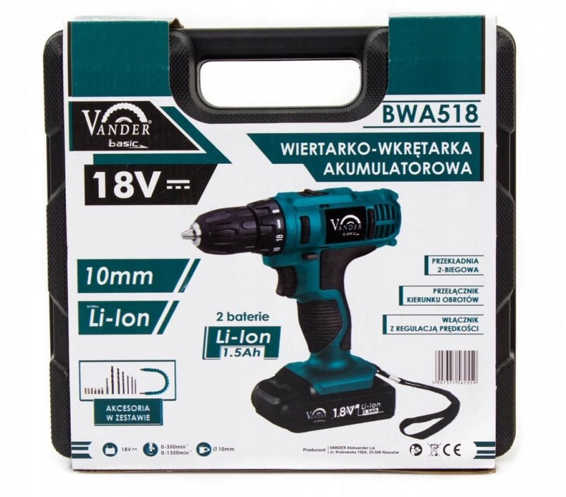 Wiertarko wkrętarka 18V 2x1,5Ah + osprzęt VANDER