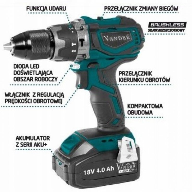 WIERTARKO WKRĘTARKA akumulatorowa AKU+ 18V udar 50Nm Vander