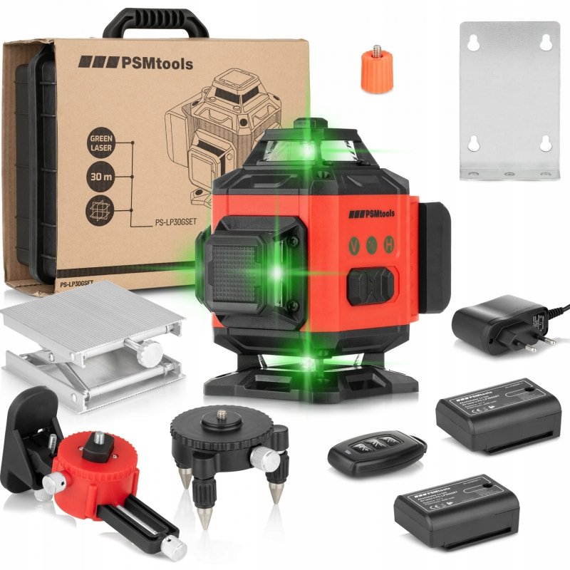 Laser krzyżowy płaszczyznowy niwelator 4 x 360° zielona wiązka + akcesoria