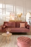 3-osobowa sofa do salonu rozkładana z funkcją spania z aksamitu kolor peonii na metalowych nóżkach