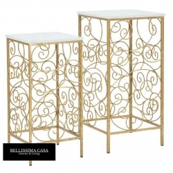 Komplet włoskich złotych stolików pomocniczych prostokątnych imitacja marmuru glamour SPIRAL 