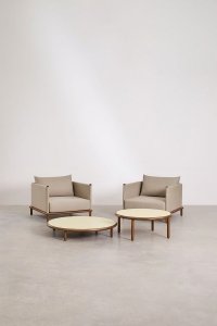 Zestaw Wypoczynkowy Z 2 Fotelami I 2 Okrągłymi Stolikami Kawowymi Z Drewna Akacjowego Olivia