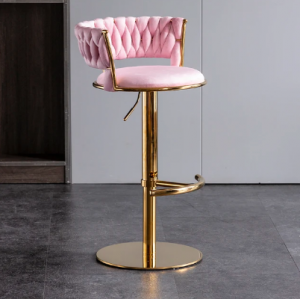 Wytworny złoty hoker obrotowy i regulowany stołek do baru Rotterdam złoty z podnóżkiem  różowe siedzisko