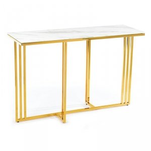 Elegancka złota konsola ze szklanym jasnym blatem do salonu przedpokoju sypialni. 