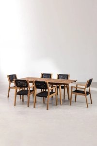 Zestaw stół rozkładany (160-210x90 cm) i 6 krzeseł Terry z drewna akacjowego ze sznurowanym siedziskiem i oparciem - czarne