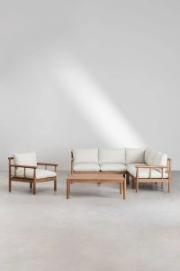 Zestaw mebli do ogrodu Alvin ogrodowy komplet sofa 5-osobowa fotel i stolik z drewna akacjowego