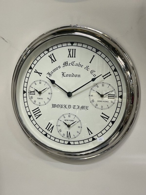 Srebrny zegar ścienny James Mr Cabe &amp; Co o średnicy 54 cm - Ekskluzywna ozdoba wnętrza