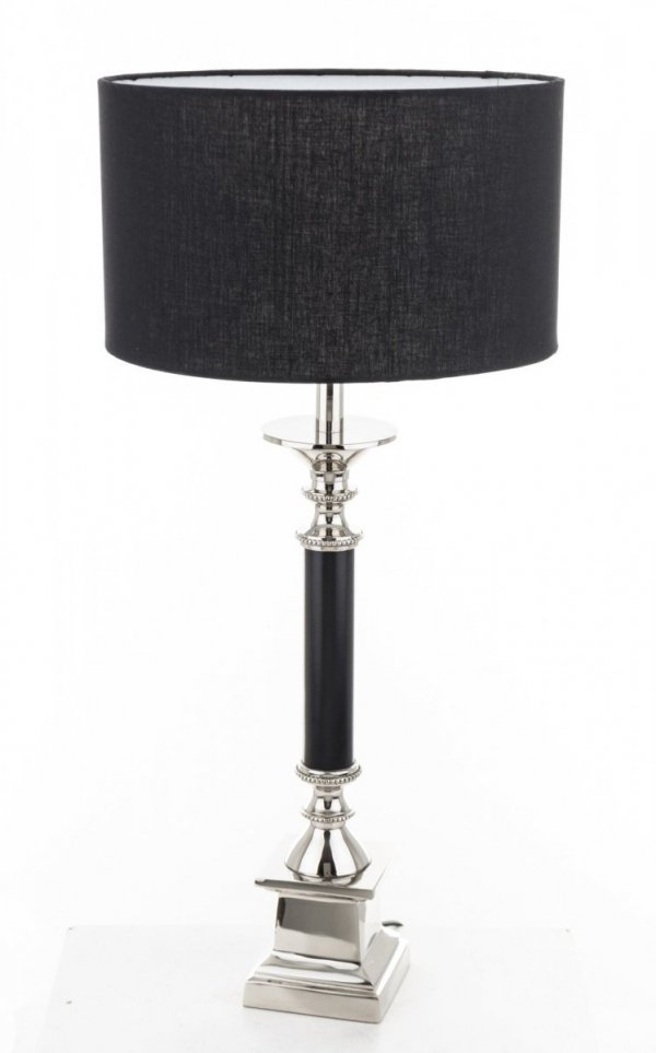 Srebrna metalowa lampa stołowa z czarnym abażurem 