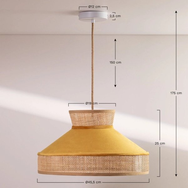 Lampa wisząca sufitowa z ratanu i aksamitu boho vintage