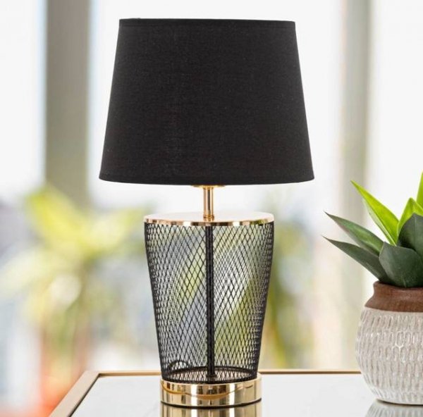Lampa na stół do salonu Torre z metalu z materiałowym abażurem