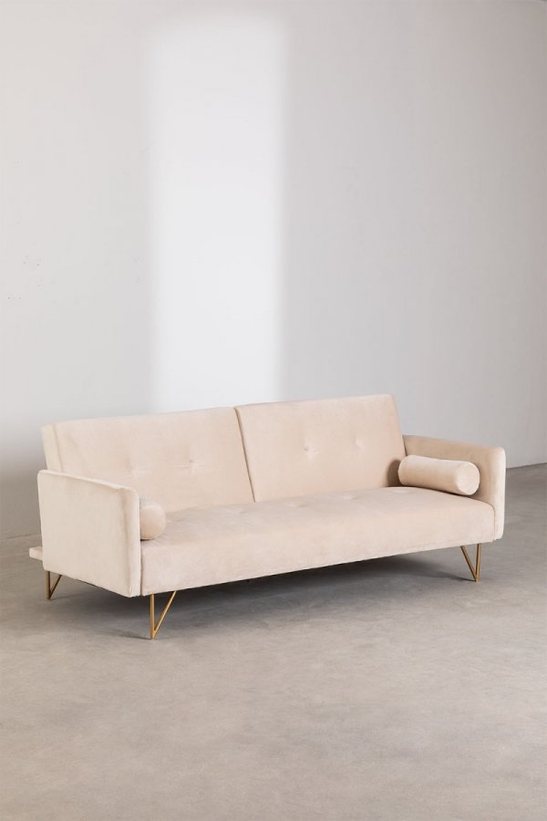 3-osobowa sofa do salonu rozkładana z funkcją spania z białego aksamitu na metalowych nóżkach