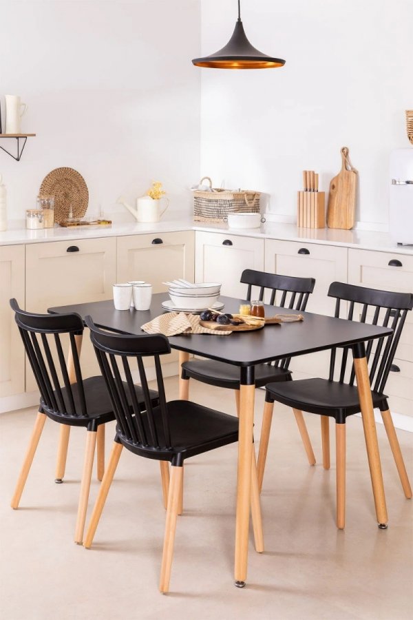 Zestaw stołu do jadalni z 4 krzesłami Navy w kolorze czarnym z drewna