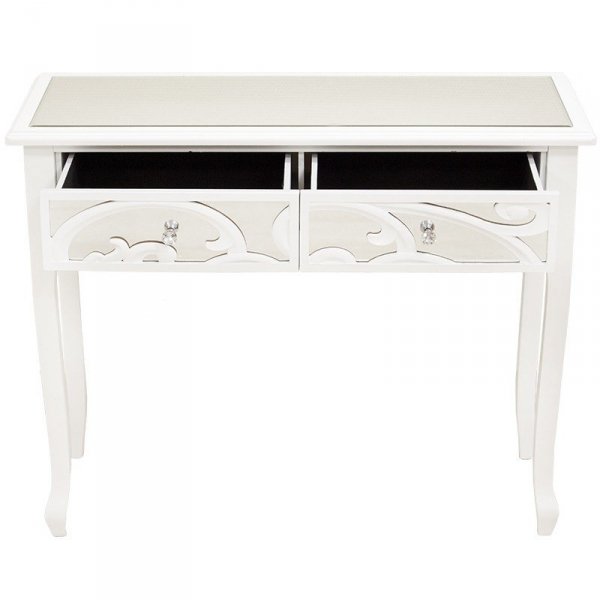 Drewniana lustrzana konsola z szufladami biała glamour do salonu gabinetu sypialni