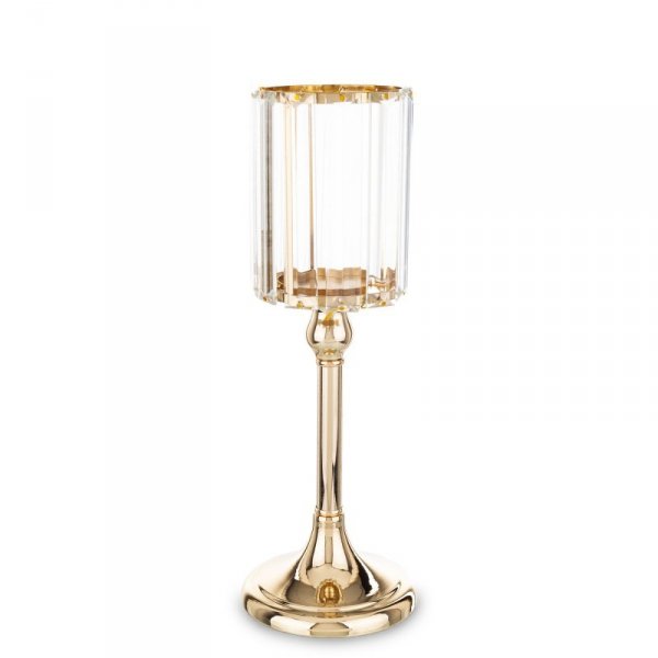 Złoty świecznik na świecę - metalowo-szklany design, rozmiar 32x11x11 cm