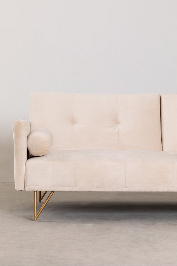 3-osobowa sofa do salonu rozkładana z funkcją spania z  aksamitu na metalowych nóżkach krem beż