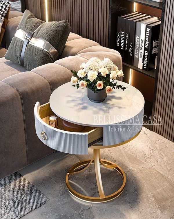 Luksusowy stolik pomocnik stolik pomocniczy Ying do salonu i sypialni złoto-biały z szufladą