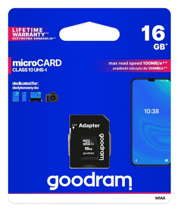 Karta pamięci GoodRam M1AA-0160R12 (16GB; Class 10, Class U1; Adapter, Karta pamięci)