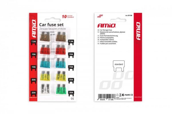 Bezpieczniki samochodowe płytkowe standard zestaw komplet 10 szt. amio-01138