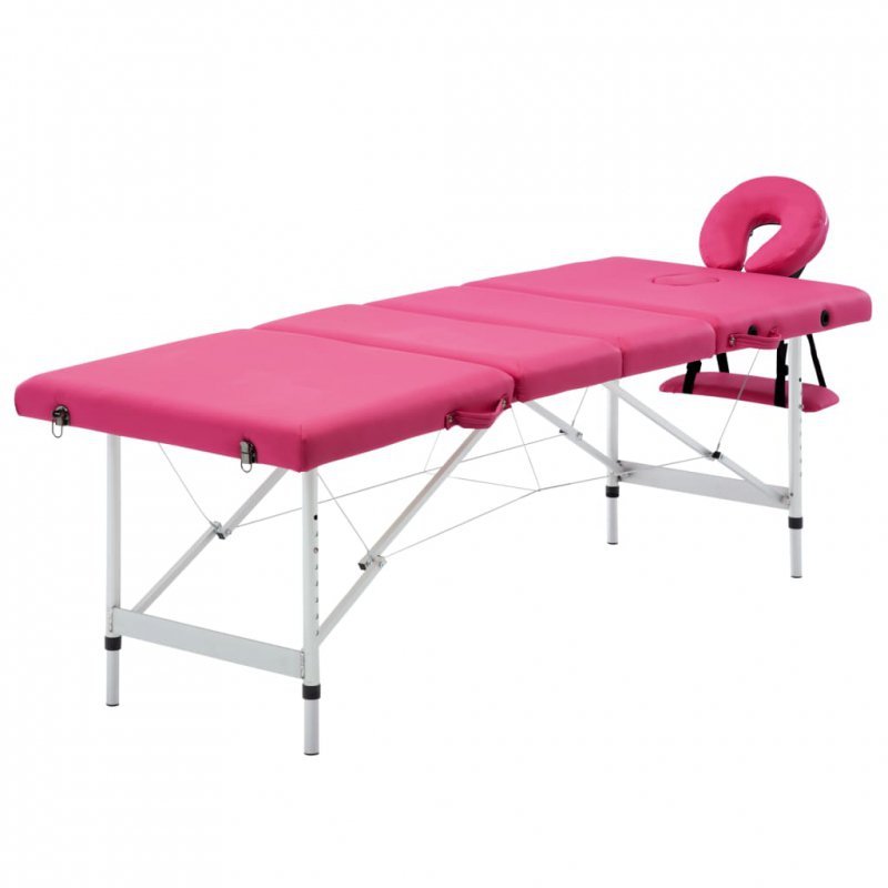 Składany stół do masażu, 4-strefowy, aluminiowy, różowy