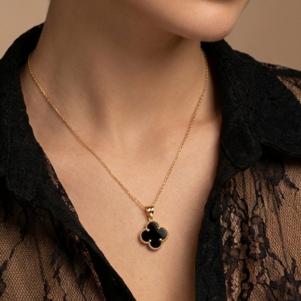 Komplet kolczyki i wisior koniczyna onyks złoto 585 