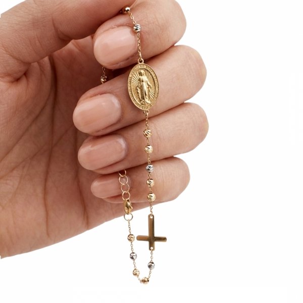 Bransoletka różaniec różowe żółte białe złoto 585 