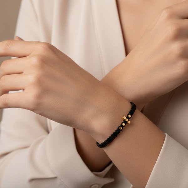 Bransoletka na czarnym sznurku ze złotym krzyżem złoto 585