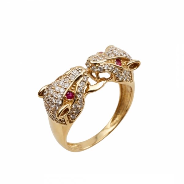 Pierścionek dwie głowy tygrysa złoto 585