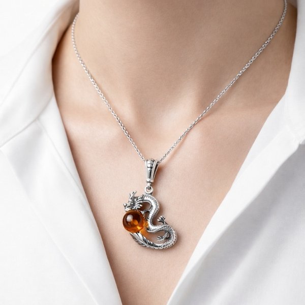 Zawieszka ze smokiem bursztyn naturalny srebro 925