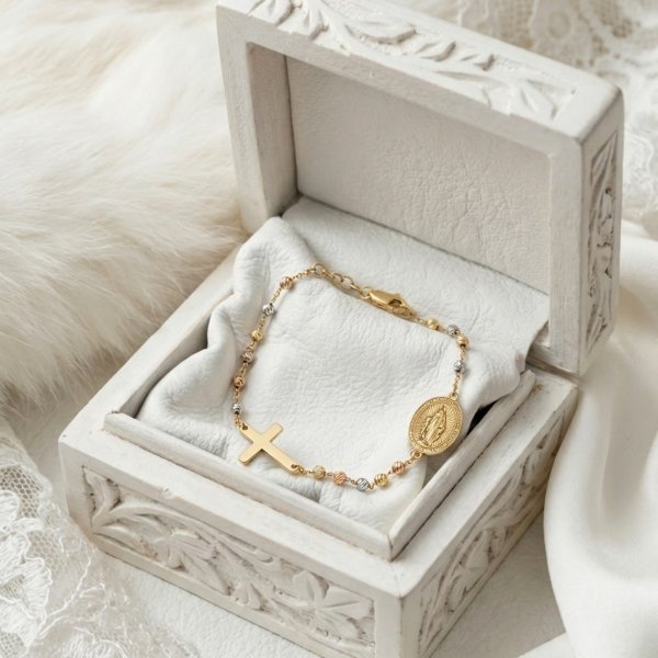 Bransoletka różaniec różowe żółte białe złoto 585 