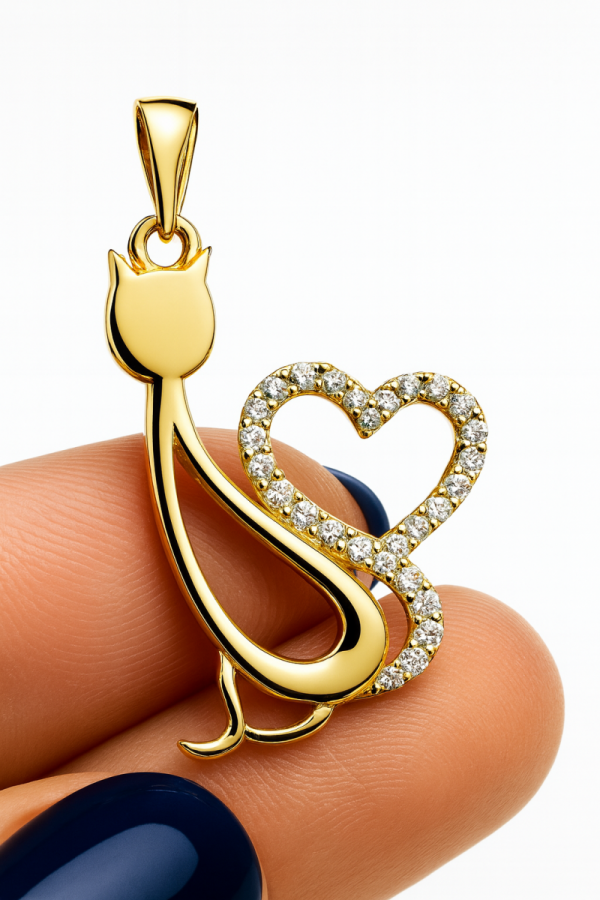 Elegancki Wisior Kot z Sercem złoto 585 