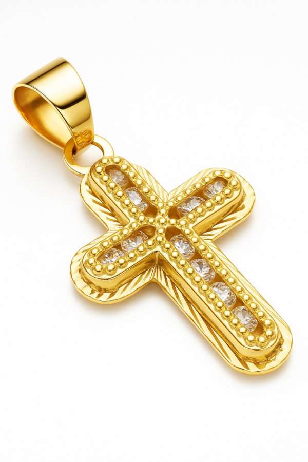 Krzyż przestrzenny z białymi kamieniami  złoto 585 