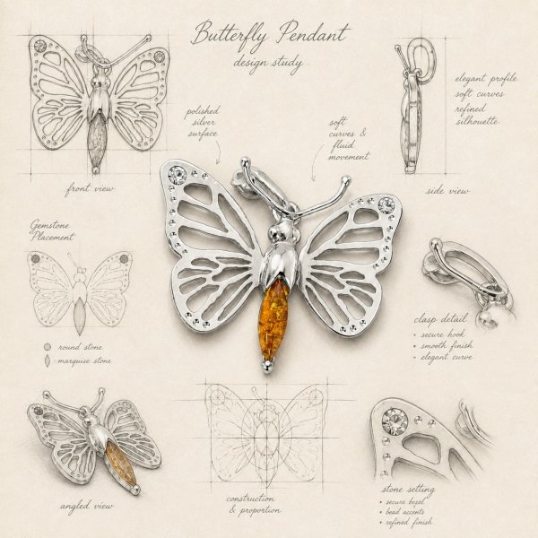 Wisior motyl z bursztynem naturalnym srebro 925 