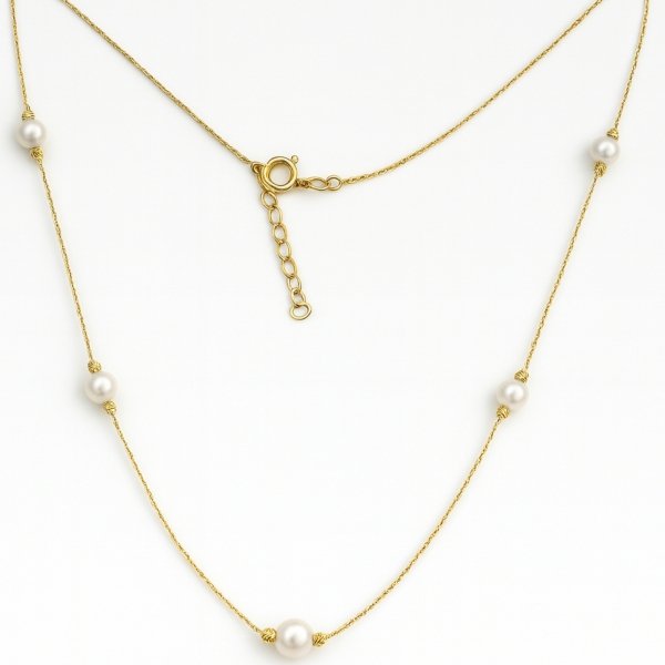 Naszyjnik białe perły i diamentowane kule złoto 585