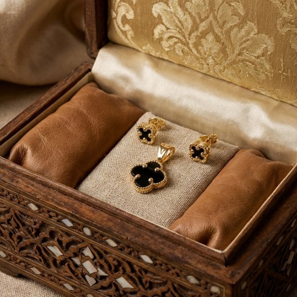 Komplet kolczyki i wisior koniczyna onyks złoto 585 