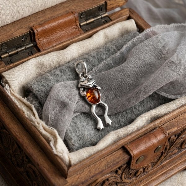 Zawieszka żaba bursztyn naturalny srebro 925