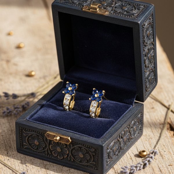 Kolczyki przecinki szafirowe kwiaty  złoto 585 