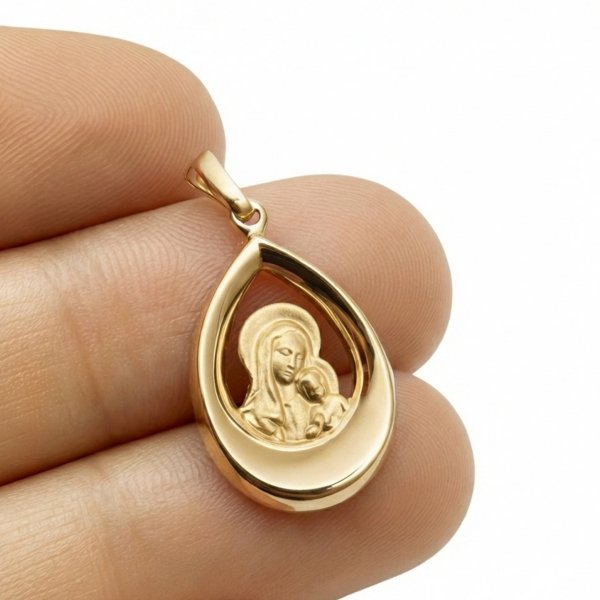 Medalik w formie kropli Matka Boska z Dzieciątkiem ze złota 585 