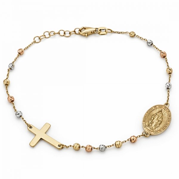 Bransoletka różaniec różowe żółte białe złoto 585 