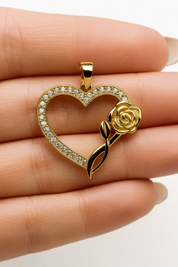 Wisior serce z cyrkoniami i różą 3D złoto 585