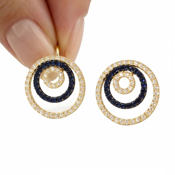 Kolczyki potrójne koła wysadzane kamieniami złoto 585