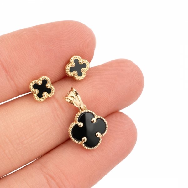 Komplet kolczyki i wisior koniczyna onyks złoto 585 