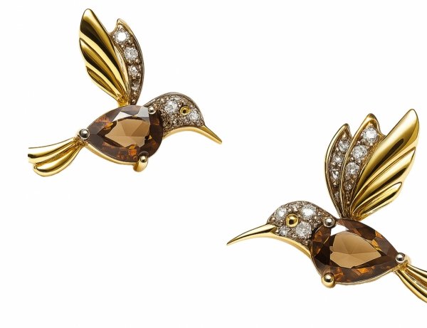 Kolczyki kolibry diament naturalny kwarc dymny złoto 585