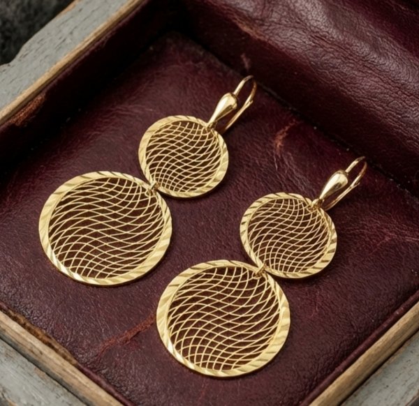 Kolczyki dwa koła ażur długie złoto 585 