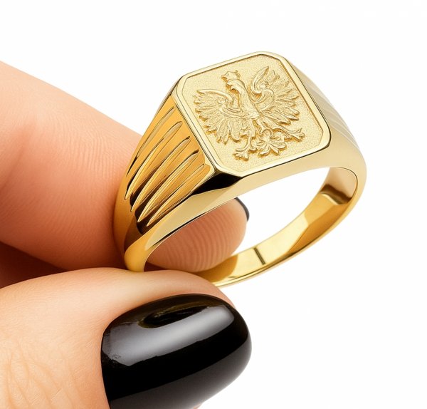 Szeroki sygnet z orłem złoto 585