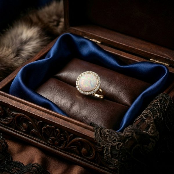 Pierścionek opal otoczony białymi kamieniami złoto 585 