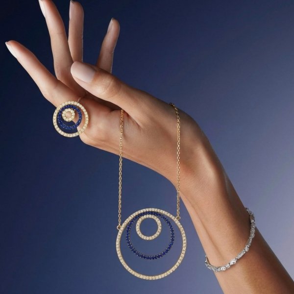 Naszyjnik potrójne koła wysadzane kamieniami złoto 585