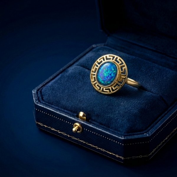 Pierścionek motyw grecki z ciemnym opalem złoto 585
