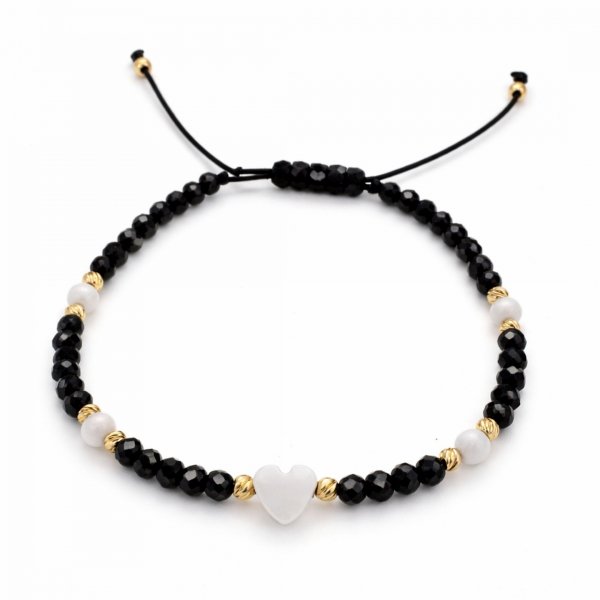 Bransoletka z czarnymi kamieniami i sercem złoto 585