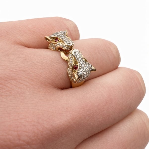 Pierścionek dwie głowy tygrysa złoto 585